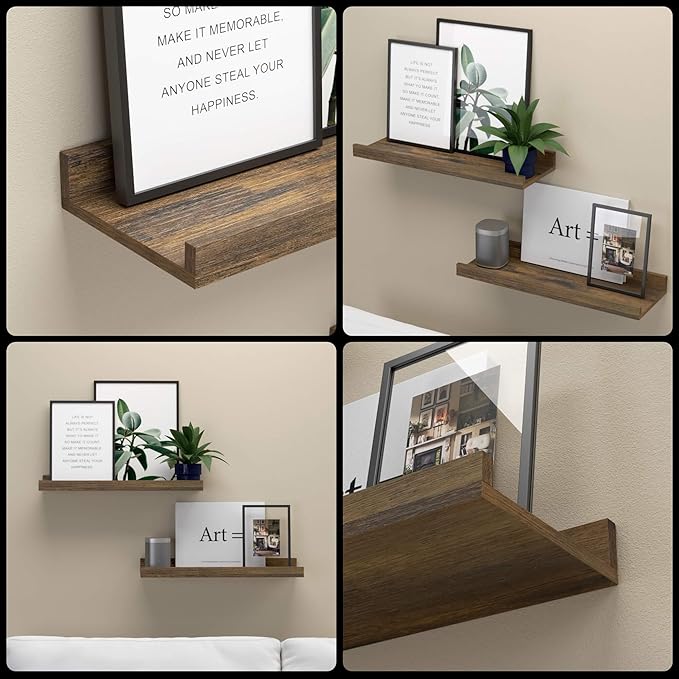 Floating Shelves for Wall, Wall Mounted Shelves Set of 2, Rustic Shelves with Lip, Display Picture Ledge Shelf for Wall Decor Living Room Bathroom Kitchen - Brown-NeatNest