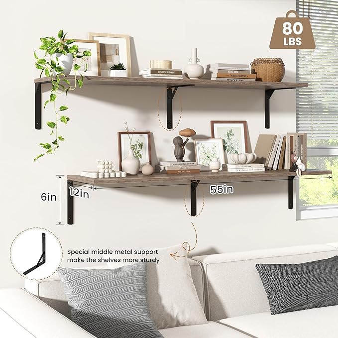 Fun Memories Floating Shelves for Wall, 12 Inch Deep Floating Shelves Set of 2, Wall Mounted Shelf with Metal Brackets, Rustic Wood Wide Shelf for Bathroom, Kitchen and Living Room, Grey, 55W x 12D-NeatNest
