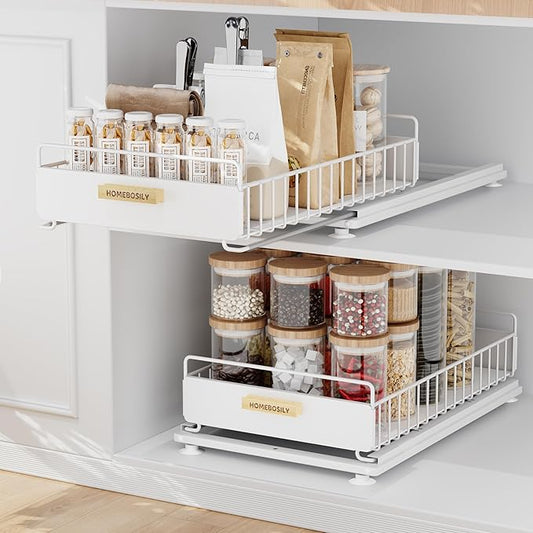 Under Sink Organizer, 2 Pack Pull Out Kitchen Cabinet Organizer, Mute Slide-Out Under Sink Organizers and Storage, Metal Kitchen Bathroom Organizers and Storage Shelves, White-NeatNest