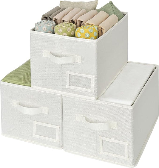 GRANNY SAYS Closet Organizer Bins with Label Holder, Fabric Storage Baskets, Foldable Storage Bins for Living Room, Decorative Storage Containers Organizing, Pearl White, 3-Pack