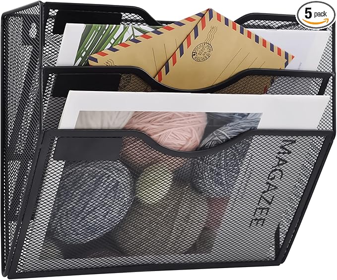 COSYAWN Wall File Holder 3 Pocket Mesh Hanging Wall Organizer Vertical Hanging File Folder Holder Magazine Rack with Nametag Label for Mail Paper Organization,Black-NeatNest