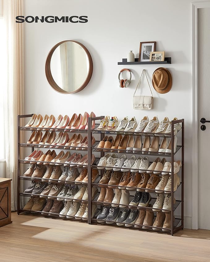 SONGMICS Shoe Rack, 12-Tier Shoe Organizer, Metal Rack for Garage, Set of 2, 6-Tier Stackable Shelf, with Adjustable Flat or Angled Shelves, Holds 48-60 Pairs, Bronze ULMR12A-NeatNest