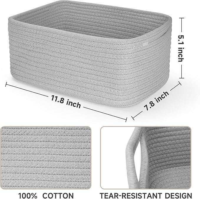 3-Pcs Shelf Baskets for Organizing, Closet Organizer Bins, Small Woven Baskets, Rope Toy Basket, Storage Basket for Shelves, Cube Decorative Box, 11.8×7.8×5.1”, Grey-NeatNest