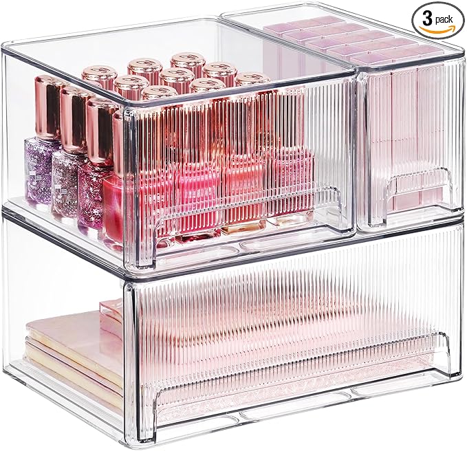 Clear Stackable Makeup Organizer, 3 Pack Plastic Drawer Storage with Handle for Vanity Bathroom Countertop, Transparent-NeatNest