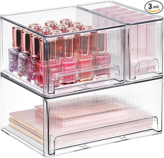 Clear Stackable Makeup Organizer, 3 Pack Plastic Drawer Storage with Handle for Vanity Bathroom Countertop, Transparent-NeatNest