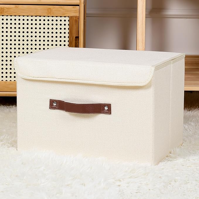 ANMINY 4PCS Storage Bins with Lid PU Leather Handles Storage Boxes PP Plastic Board Decorative Foldable Lidded Cotton Linen Fabric Home Cubes Baskets Closet Organizer Containers - Beige, Large Size-NeatNest