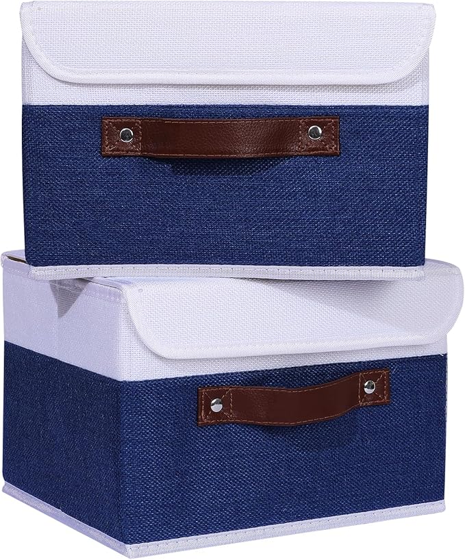 ANMINY 4PCS Storage Boxes with Lid Washable Decorative Storage Bin Basket with PU Leather Handle Foldable Linen Fabric Storage Cube Container for Home Closet Organizer - Deep Blue White, Small Size-NeatNest
