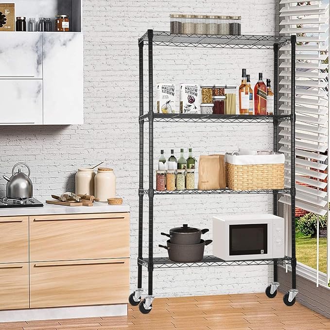 4 Tier Wire Shelving Unit 62" H x 36L x 14D Heavy Duty Metal Shelf 1400Lb Capacity Storage Shelves w/Wheels Adjustable Kitchen Storage Racks Wire Shelves for Pantry Garage, Black