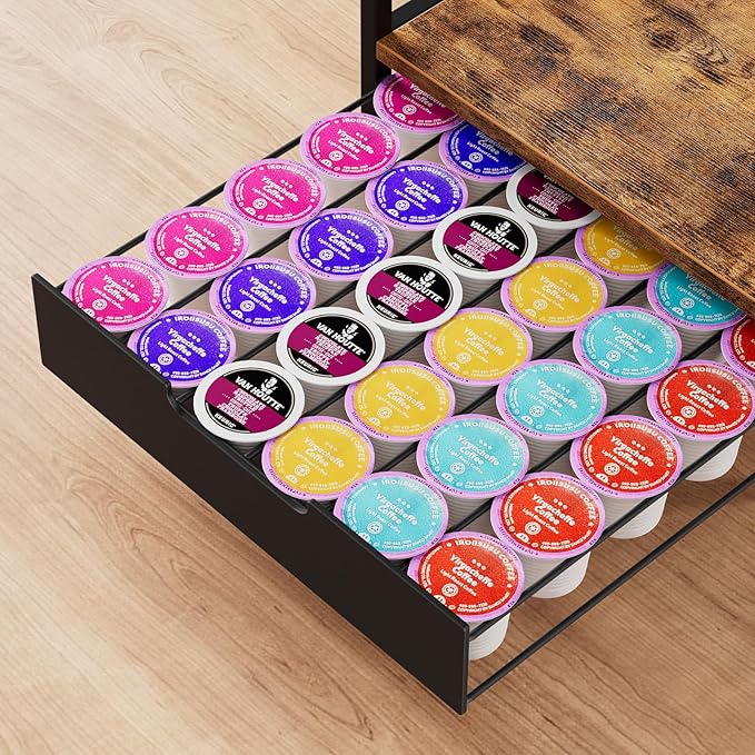Coffee Bar Organizer Countertop, 2 Tier Mug Cup Holder Stand with 12 Hooks, 30 K Cup Coffee Pod Drawer with Mug Rack, Multifunctional Shelf Organizer for Accessories Station Kitchen (Brown)-NeatNest