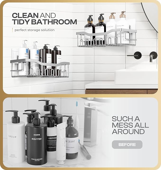 Luxury Style 5 Pack Stainless Steel Adhesive Shower Caddy Set - Rustproof Bathroom Organizer with Large Capacity Storage| No Drilling Shelves Shower Caddy Organizer | Bathroom Decor (Shiny Silver)