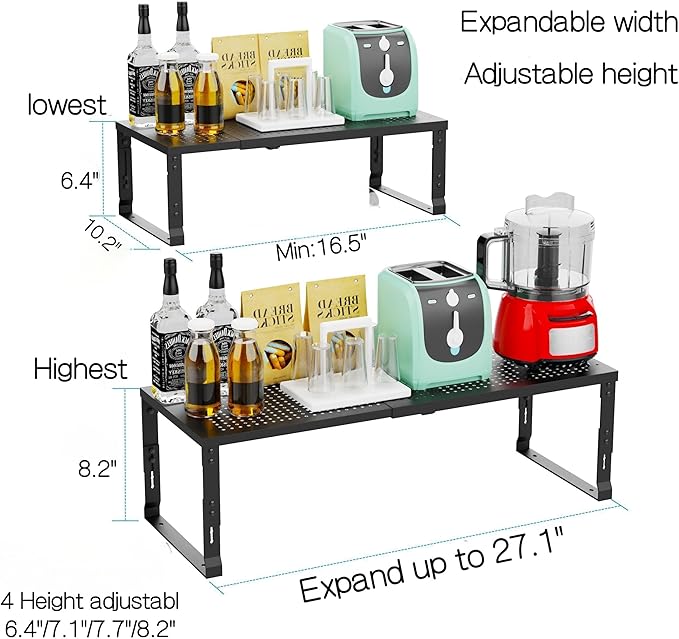 Heavy-Duty Adjustable Metal Shelf Organizer - Expandable & Stackable Pantry Storage Rack for Kitchen, Bathroom, RV, Cabinets(3 Packs/Black, Large)-NeatNest