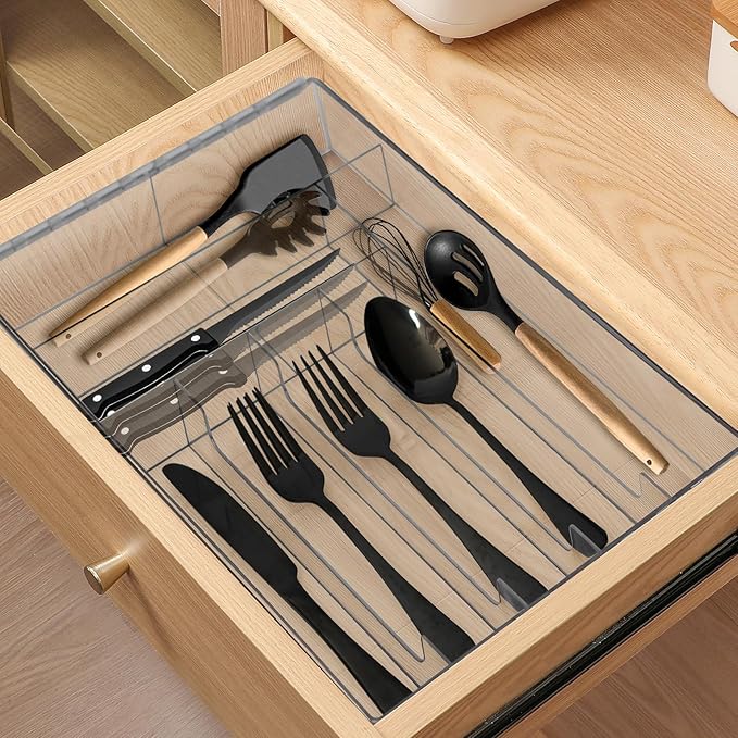 Expandable Silverware Kitchen Drawer Organizer Large Utensil Drawer Organizer Adjustable Cooking Utensil Holder Cutlery Tray for Spoons Forks Knives Bathroom Supplies Storage Plastic Clear-NeatNest