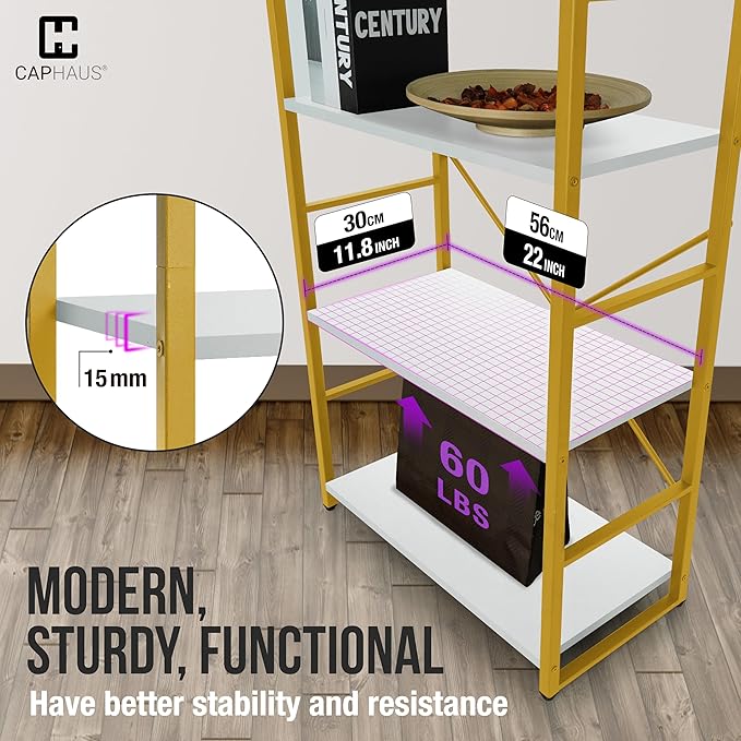 CAPHAUS 4 Tier Bookshelf, Bookcase Shelf Storage Organizer, Living Room, Kitchen, 24 Inch Width Free Standing Shelf, Industrial Book Shelves for Home Office, White Wooden Shelves & Gold Frame-NeatNest