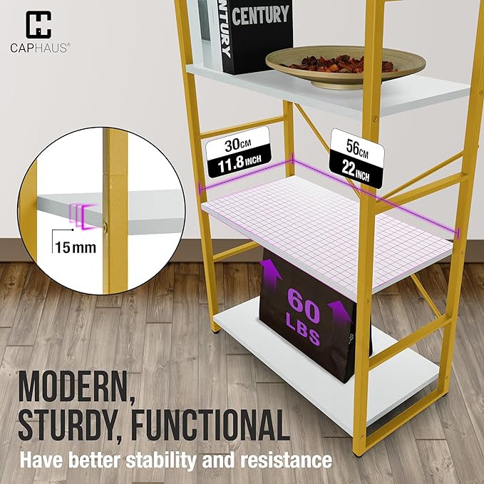 CAPHAUS 2 Tier Small Bookshelf, 24 Inch Width Free Standing Shelf, Bookcase Shelf Storage Organizer, Industrial Book Shelves for Home Office, Living Room, White Wooden Shelves & Gold Frame-NeatNest