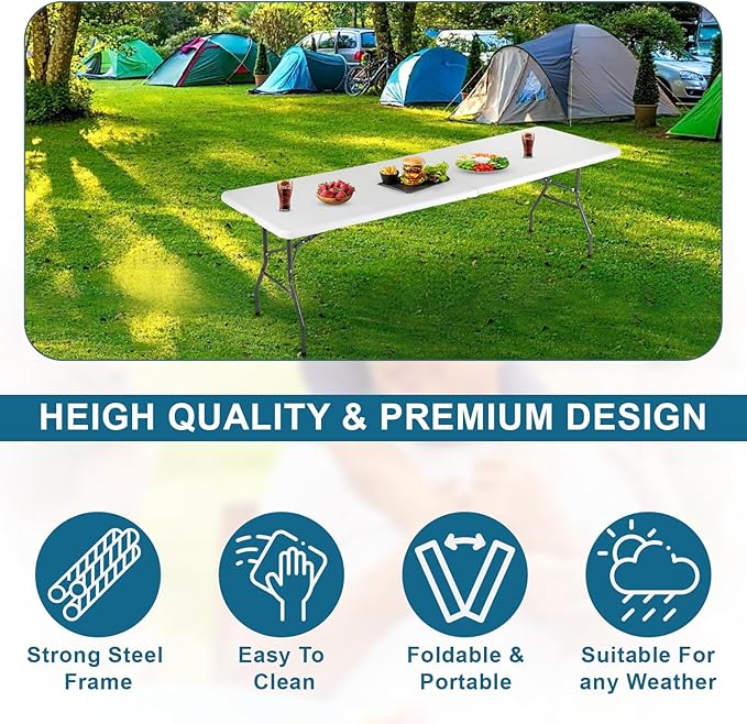8FT Folding Table Plastic Camping Table Portable Picnic Table for Easy Storage, Ideal for Outdoors Camping, Picnics, Parties Wedding & Indoor Events with Carrying Handle,White-NeatNest
