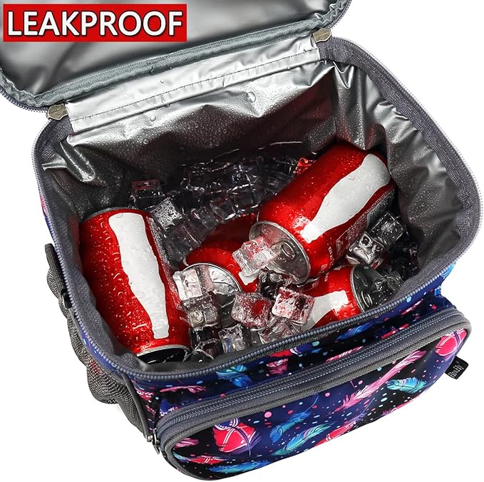 FlowFly Insulated Reusable Lunch Bag Adult Large Lunch Box for Women and Men with Adjustable Shoulder Strap,Front Zipper Pocket and Dual Large Mesh Side Pockets,Feather-NeatNest
