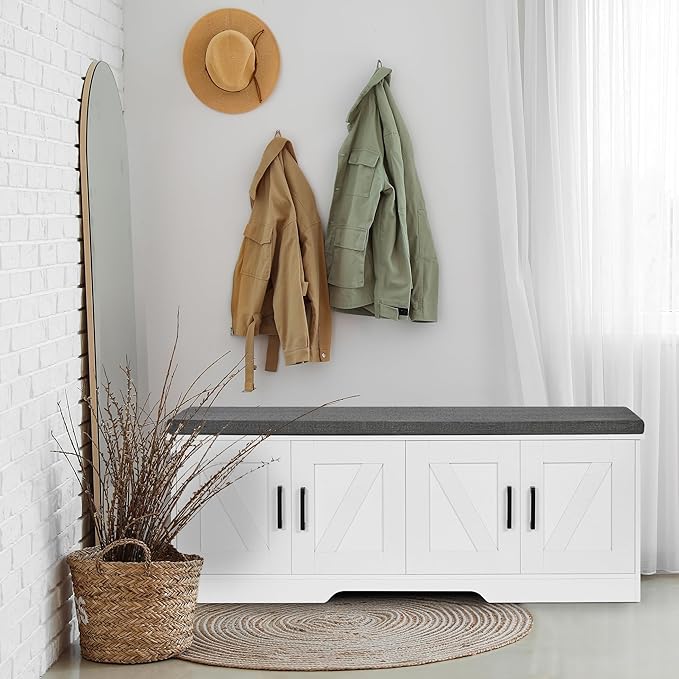 2-Tier Storage Bench, Shoe Bench with Padded Seat Cushion, Entryway Bench with 4 Barn Doors, Adjustable Shelf, 13.8" D x 47.2" W x 17.7" H, for Entryway, Living Room, Bedroom, White-NeatNest