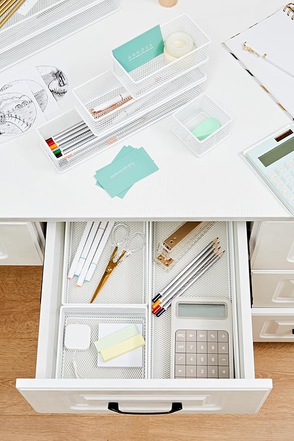 Annova Mesh Stackable Drawer Cabinet and Shelf Organizer Bins Storage Basket School Office Supply Holder Tray- Set of 2 (White, 6x9x2 Inch)-NeatNest