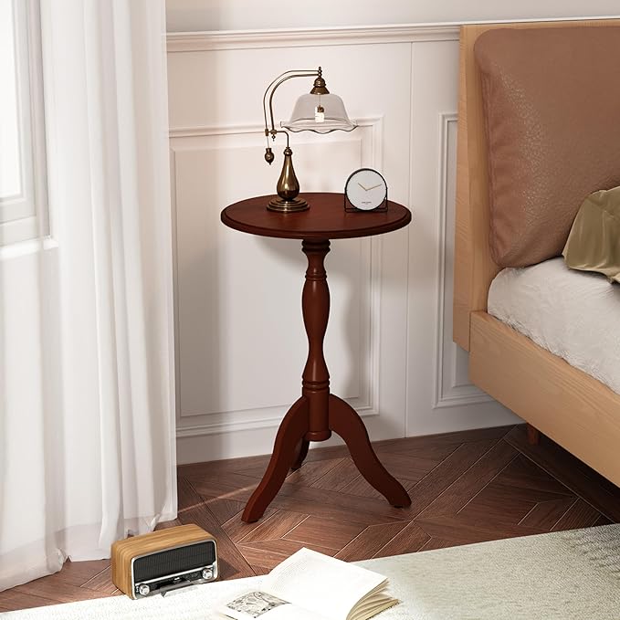 HLR Round Small End Table Set of 2, Wooden Pedestal Side Coffee Table, 2pcs Vintage Accent Nightstand for Living Room, Bedroom, Entryway, Dark Brown