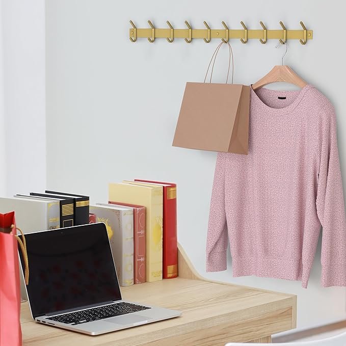 Brushed Gold Wall Mounted Coat Rack – 30 Inch Stainless Steel Rail with 10 Double Coat Hooks for Entryway, Bathroom, Bedroom, Kitchen – Modern Gold Hook Rack for Coats, Hats, Towels-NeatNest