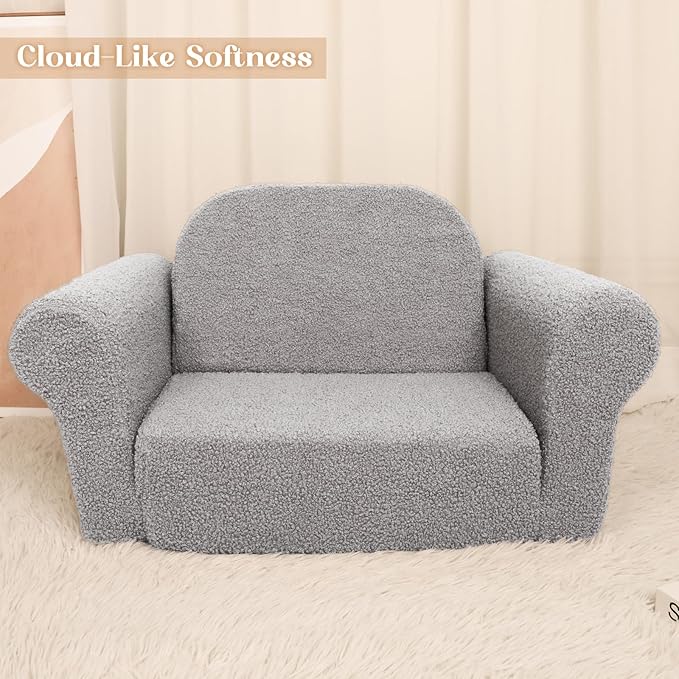 Chairs for Toddler, 2-in-1 Toddler Soft Teddy Couch Fold Out, Convertible Chair to Lounger for Girls and Boys|Safety Certified | Gift for Children (Sky Gray)-NeatNest