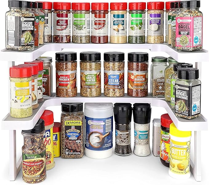 Spicy Shelf Premium – Expandable 2-Tier Spice Rack Organizer for Cabinets & Pantry – Adjustable Stackable Kitchen Seasoning Organizer – Strong Non-Slip Cabinet Organizer for Spices, Bottles & More