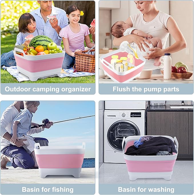 2.4 Gal(9L) Collapsible Dish Basin with Drain Plug, Space Saving Outdoor Multiuse Foldable Sink Tub, Dishpan, Kitchen Storage Tray for Camping, Vegetable Washing, RV (Pink)-NeatNest
