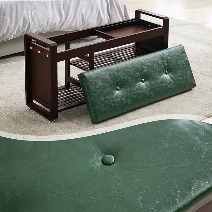 Nnewvante 37.4 inch Shoe Bench with Green Leather Cushion, 3-Tier Large Shoe Rack for Entryway Organizer, 100% Bamboo Ottoman Upholstered Bench for Hallway, Living Room, End of Bed Padded Bench