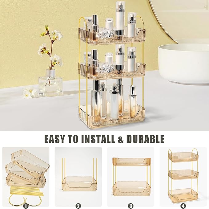 Bathroom Counter Organizer Countertop Storage Skincare Countertop Makeup Organizer Cosmetics Skincare Organizers Holder for Perfume-Amber-Golden Pole-3 Tier-NeatNest