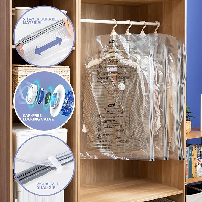 Hanging Vacuum Storage Bags, 4 Pack (41.3 x27.6 inch), Vacuum Seal Bags for Clothing, Space Saver Garment for Short Clothes, Jacket, Suits, Dresses, Closet Oragnization and Storage-NeatNest