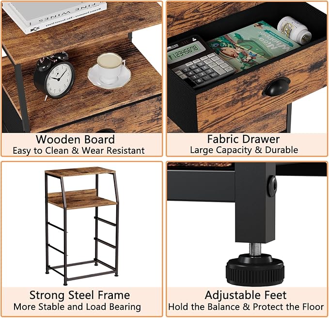 Furnulem Nightstand with 3 Drawers and 2-Tier Shelf, Fabric Small Dresser Organizer Vertical Storage Tower for Bedroom, Closet, Hallway, Nursery, End Table Side Furniture, Sturdy Steel Frame, Wood Top-NeatNest
