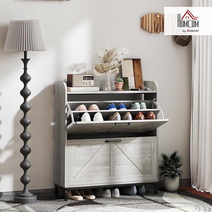 HOMCOM Shoe Storage Cabinet with 2 Flip Drawers, Legs, Farmhouse Freestanding Narrow Shoe Cabinet, Slim Hidden Rack Organizer for Entryway, Hallway, Light Gray Wood Grain-NeatNest