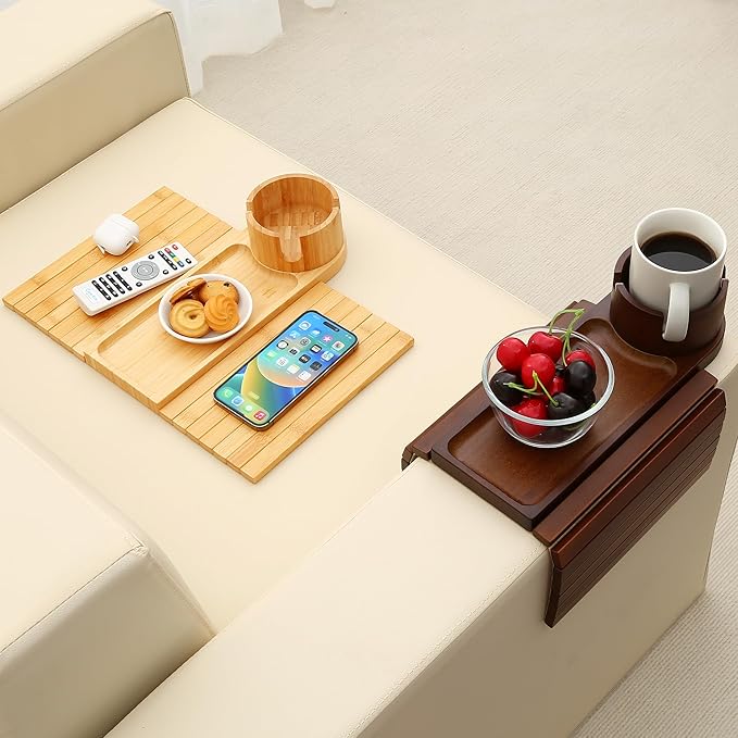Couch Cup Holder Tray, 15.75" Bamboo Cup Holder for Couch, 3 in 1 Foldable Arm Chair Clip on Side Tray Table for Remote Snack Table on Armrest-NeatNest