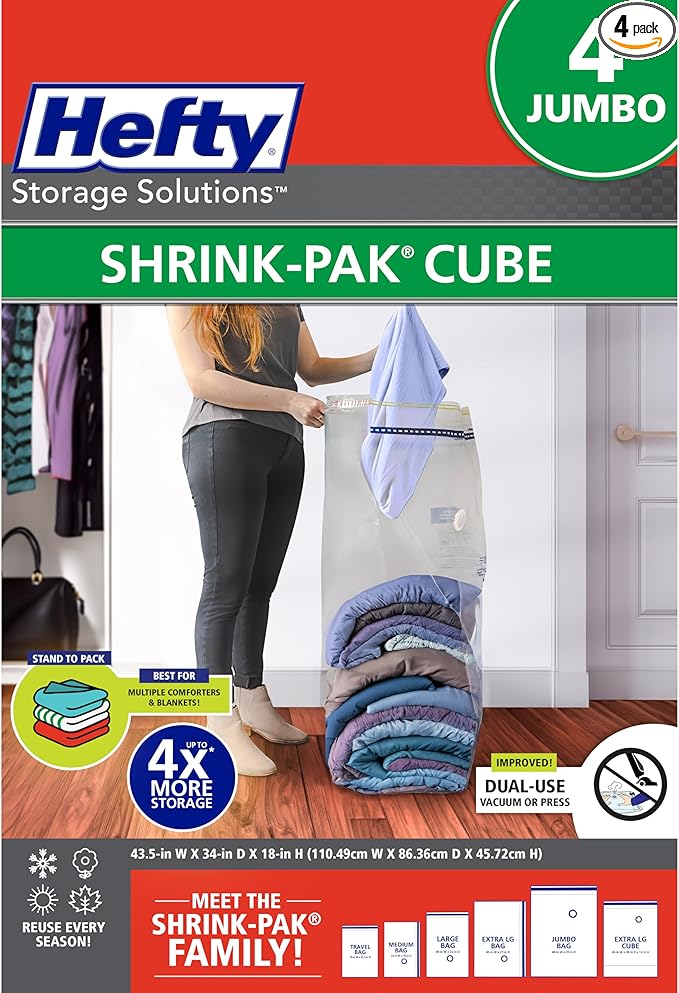 Hefty Shrink-Pak Vacuum Storage Bags – For Clothes, Pillows, Towels, Blankets & More – Space Saver Vacuum Suction Sealer Bags for Home or Travel – 4 Jumbo Cubes, 43.5 x 34 x 18 Inches-NeatNest