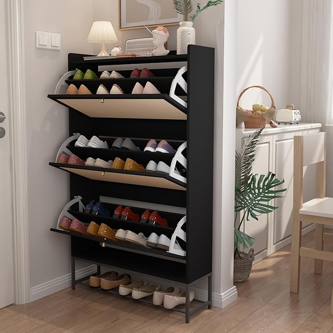 AVZEAR Shoe Cabinet, Shoe Cabinet Freestanding Tipping Bucket Shoe Rack Organizer with 3 Flip Drawers, Modern Entryway Narrow Shoe Rack for Entryway, Hallway, Bedroom (Black)-NeatNest