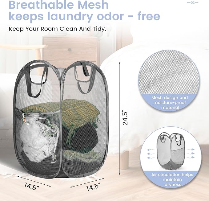 HOUSE AGAIN Mesh Popup Laundry Hamper, [Reinforced] Collapsible Laundry Basket, Foldable Pop Up Hamper with Durable Handles, Easy to Open and Fold for Dorm, Laundry Room, Bedroom, RV, (Grey）-NeatNest