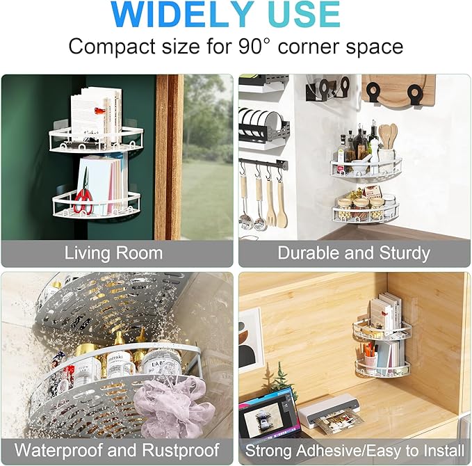 Corner Shower Caddy, 2 Pack Adhesive Bathroom Shower Corner Organizer Shelf, No Drilling Rustproof Wall Mounted Shower Storage Rack Shampoo Holder Organizer (White)