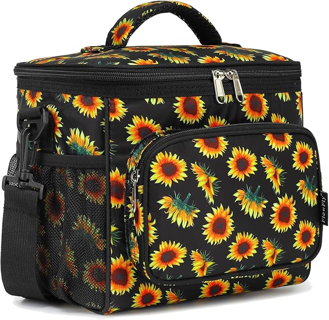FlowFly Insulated Reusable Lunch Bag Adult Large Lunch Box for Women and Men with Adjustable Shoulder Strap,Front Zipper Pocket and Dual Large Mesh Side Pockets,Sunflower-NeatNest