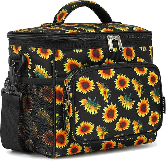 FlowFly Insulated Reusable Lunch Bag Adult Large Lunch Box for Women and Men with Adjustable Shoulder Strap,Front Zipper Pocket and Dual Large Mesh Side Pockets,Sunflower-NeatNest