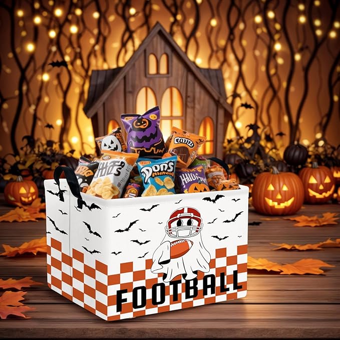 Halloween Basket Gift Cute Ghost Parties Decor Kid Trick or Treat Basket for Boys and Girls Rectangular Storage Bin Box (Football Bat)-NeatNest
