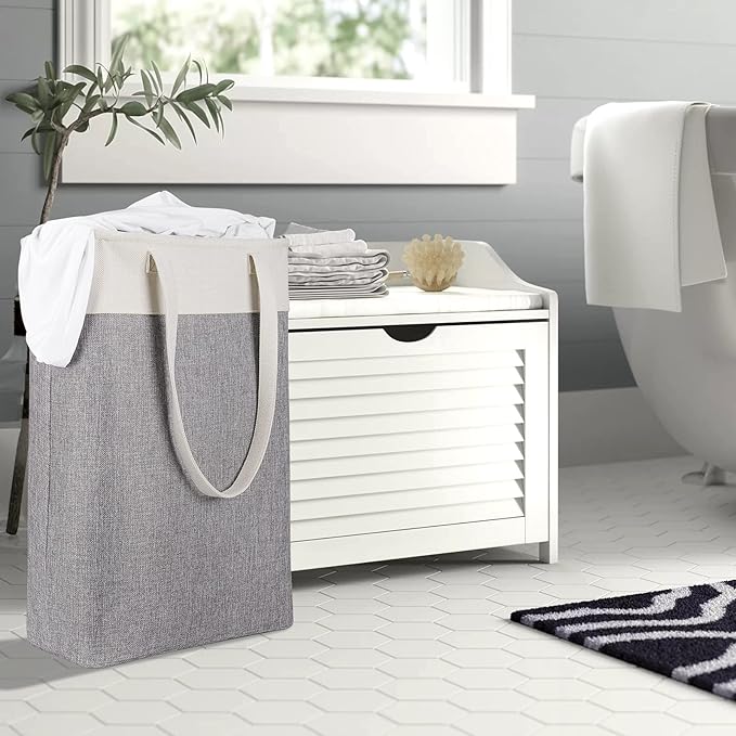 Collapsible Laundry Baskets Double Laundry Hampers Large Foldable Laundry Basket Organizer with Straps Beig Gray Cloth Laundry Hamper Patchcwork Laundry Sorter Dirty Clothes Basket,QY-SC22-2-NeatNest