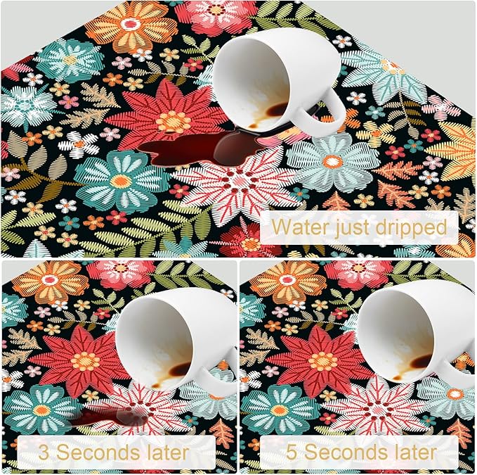 Colorful Embroidery Flowers Dish Drying Mats Super Absorbent Dish Drainer Rack Pad Non-Slip Drying Mat for Kitchen Counter, 20"x12"-NeatNest