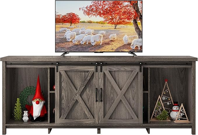 70In Farmhouse TV Stands for 70 75 80inch TV w/Adjustable Shelves,Sliding Barn Door.Rustic Wooden Entertainment Center,TV Console Grey Cabinet w/Storage for Bedroom Living Room(Dark Grey 70in)-NeatNest