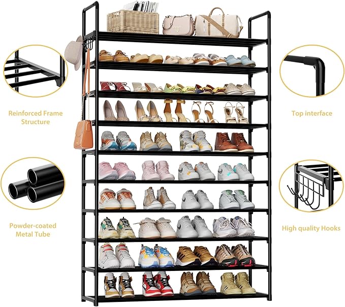 10-Tier Shoe Organizer - Large Metal Shoe Rack with Hooks, Fits 40-50 Pairs, Ideal for Closet, Entryway, Garage, Bedroom-NeatNest