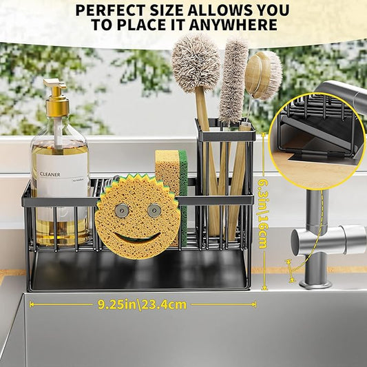 Cisily Sink Caddy With Smiley Face Sponge Holder, 304 Stainless Steel Rustproof(Black)-NeatNest