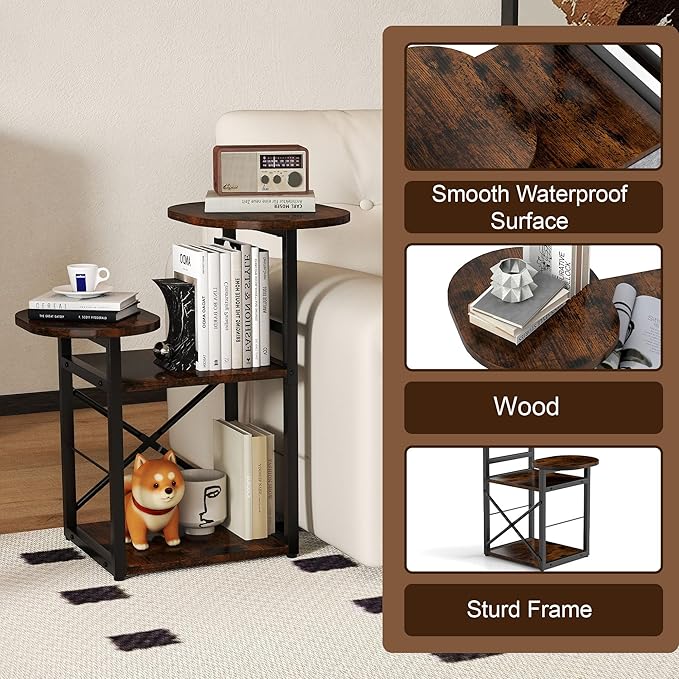 End Table, Cat Bed Table, Small Bedside Table with Removable Cat Condo, Flip Top Side Table with 3-Tiered Storage Shelves, Round Side Table, for Living Room, Bedroom, Rustic Brown and Classic Black