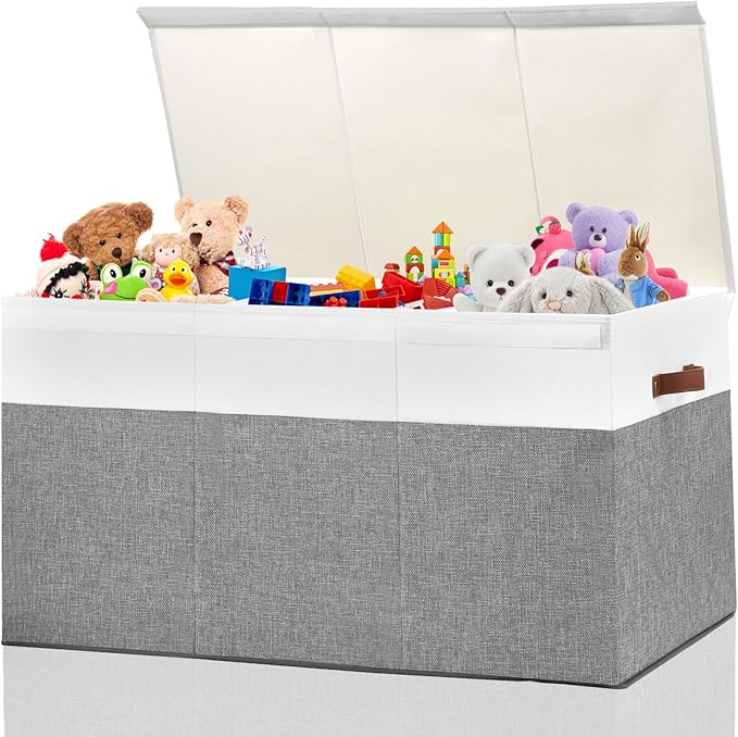 Extra Large Toy Storage Box with Lid, Sturdy Toys Storage Chest Bin Organizer Basket with Dividers for Kids, Boys, Girls, Nursery, Closet, Bedroom, Playroom 35.5"x17" x17"(Grey and White)-NeatNest