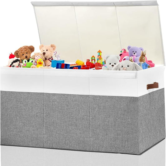 Extra Large Toy Storage Box with Lid, Sturdy Toys Storage Chest Bin Organizer Basket with Dividers for Kids, Boys, Girls, Nursery, Closet, Bedroom, Playroom 35.5"x17" x17"(Grey and White)-NeatNest