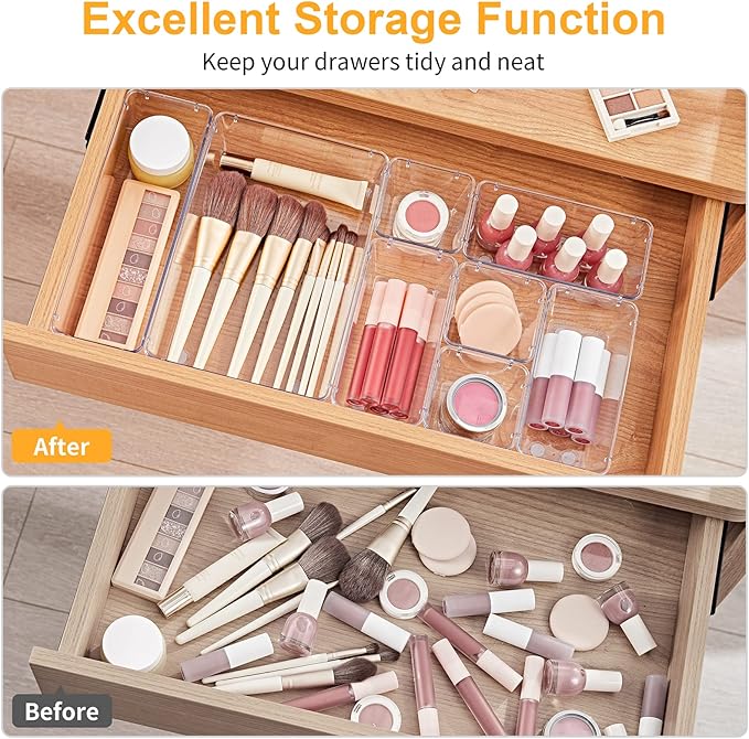 SMARTAKE 28 Piece Drawer Organizers with Non-Slip Silicone Pads, 4-Size Desk Drawer Organizer Trays Storage Tray for Makeup, Jewelries, Utensils in Bedroom Dresser, Office and Kitchen, Clear-NeatNest
