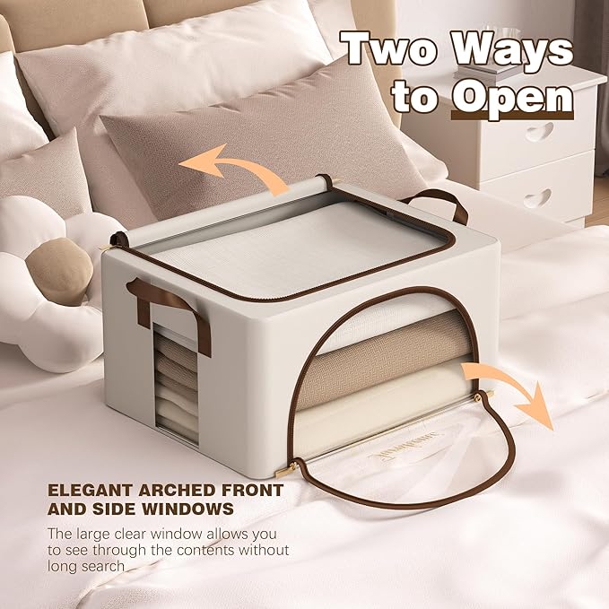 Furnhome 3 pack Clothes Storage Bins with metal Frame, sweater storage for closet, Stackable Storage bins for clothes, Foldable Clothing Storage bins with Cedar Blocks& Windows&Zippers|24L-Off White